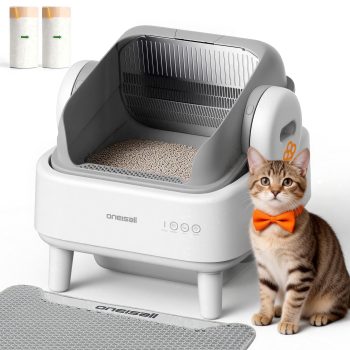 Oneisall AB01 Automatic Cat Litter Box with 17 Safety Sensors, Open Top Self Cleaning Litter Box for Multiple Cats, Automatic Litter Box White