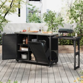 AENKYO Mobile Outdoor Kitchen Island with Stainless Steel Top & Trash Can, Foldable BBQ Prep Cart for Grilling