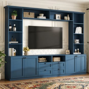 Farmhouse Entertainment Center Wall Unit with Drawers & Adjustable Shelves, TV Stand Media Console with Bridge for TVs Up to 70"