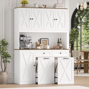 Homfa Kitchen Pantry Cabinet, Trash Can Cabinets Fits 12.5 Gallon Can, 5 Door 2 Drawer Kitchen Storage Cabinet with Hutch, Freestanding Cupboard