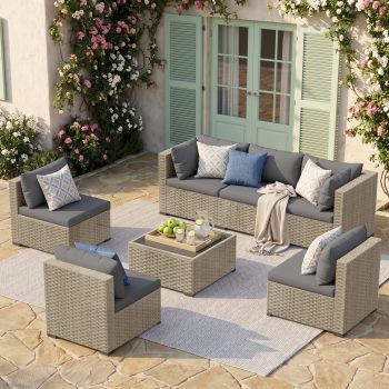 POTEBAN 7 Piece Outdoor Patio Furniture Set, Grey Rattan Wicker Outdoor Conversation Sectional Sofa Set with Cushions for Backyard