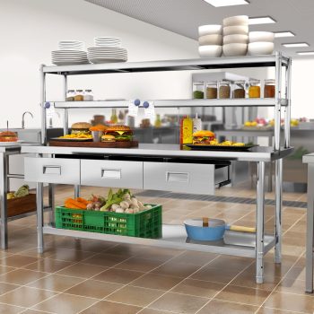 Uforic Stainless Steel Work Table with 3 Drawers, Adjustable Overshelves, 72" x 24", Commercial-Grade, NSF Certified Metal Prep Table for Home Business