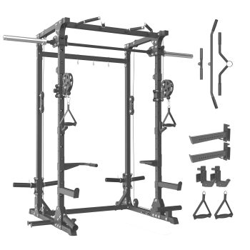 Smith Machine, 5 in 1 Heavy-Duty Squat Rack with Cable Crossover, All-in-One Home Gym Power Rack for Full-Body, Dual 1:1 Pulley System