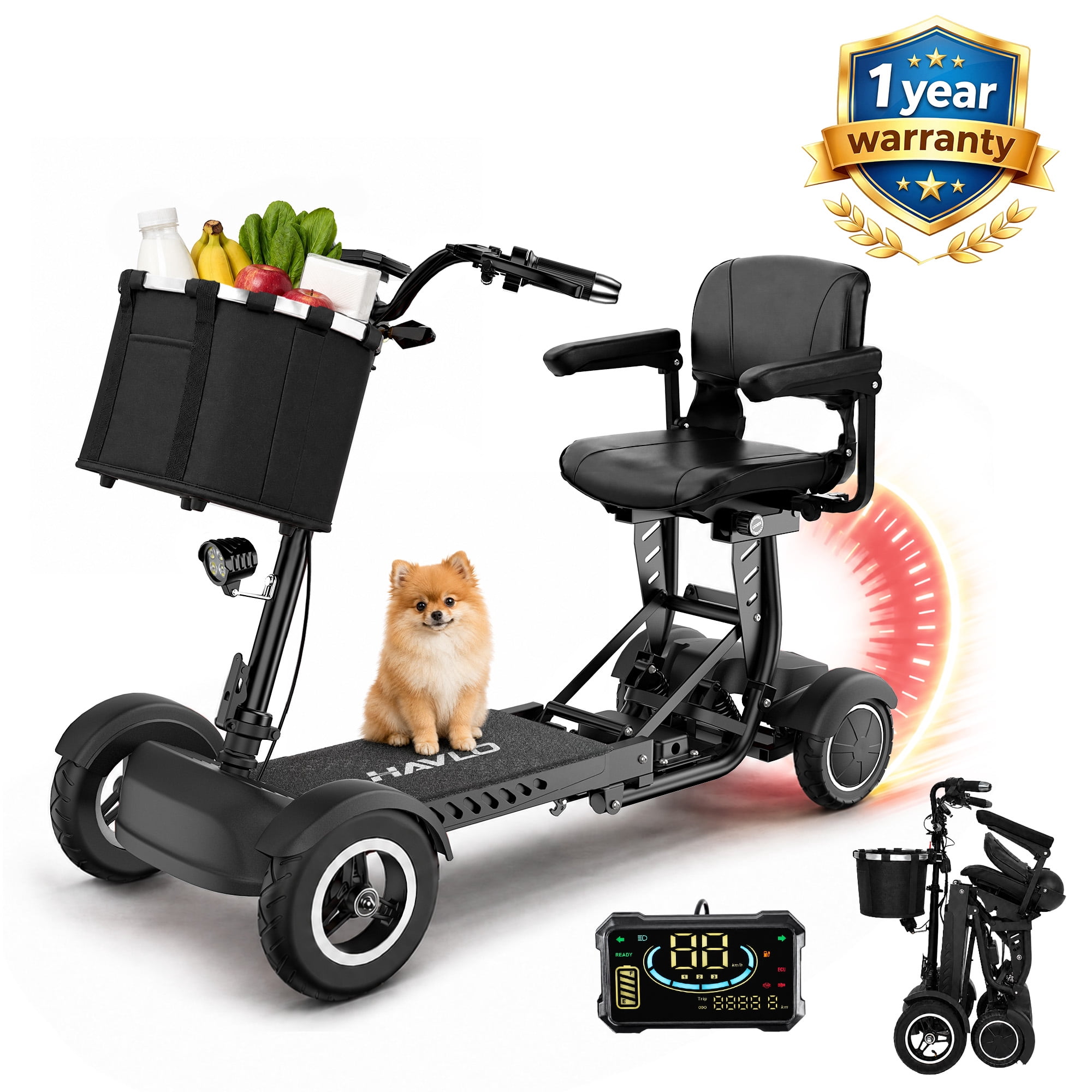 Havlo 4-Wheel Mobility Scooter for Seniors & Adults, Dual 350W Motors, 10 MPH 3-Speed Control, 15-Mile Range, Dual Suspension, Foldable Electric Mobility Scooter, 330 lb Capacity