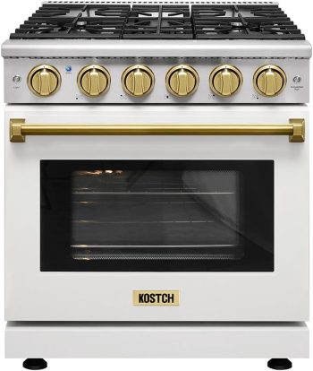 KOSTCH 30 inch Professional Freestanding Pro-Style Liquid Propane Gas Range with 5 Burners, 4.55 cu.ft. Oven Capacity, in Stainless Steel - KOS-30RG03MLP (White/Bronze)