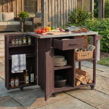 Foldable Outdoor Kitchen Island with Lockable Wheels, Rolling BBQ Prep Cart & Bar Station, Stainless Steel Top, Towel & Spice Racks for Patio Backyard, Brown