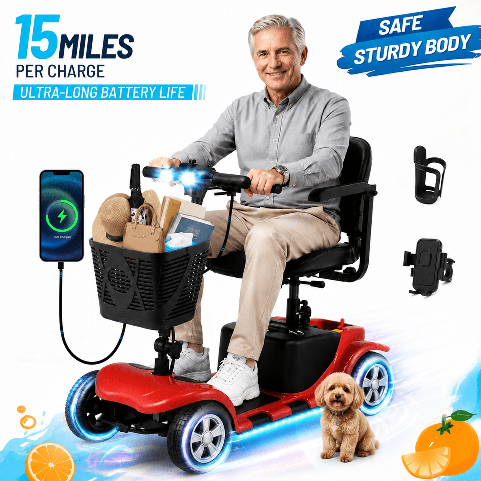 LiltJan Foldable Mobility Scooter for Adults Elderly– Mobility Scooter for Seniors 4-Wheel Portable Motorized Scooter with 300 lbs Capacity with 15 Miles Range