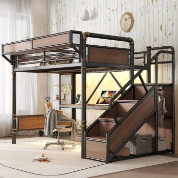 Bellemave Size Loft Bed with Desk, Stairs and Wardrobe, Metal Gaming Loft Beds with Beside Shelf & Pegboard and LED Light, Heavy Duty High Loft Bed with USB Ports, No Box Spring Required