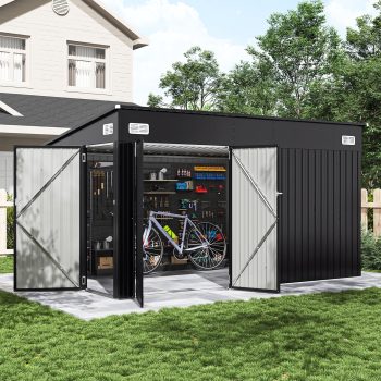 BaPiPro 12'x8' Lean-to Metal Storage Shed, Outdoor Lockable Shed with Triple Doors & Vents for Garden, Backyard, Patio - Black