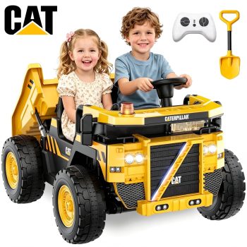 East doll 24V Powered Ride on Dump Truck, Caterpillar Licensed 2 Seater Ride on Toy for Big Kids, 24 Ride ons for Ages 3-8, Ride on Car with Dump Bed, Remote Control, Shovel, 4×100W, Yellow