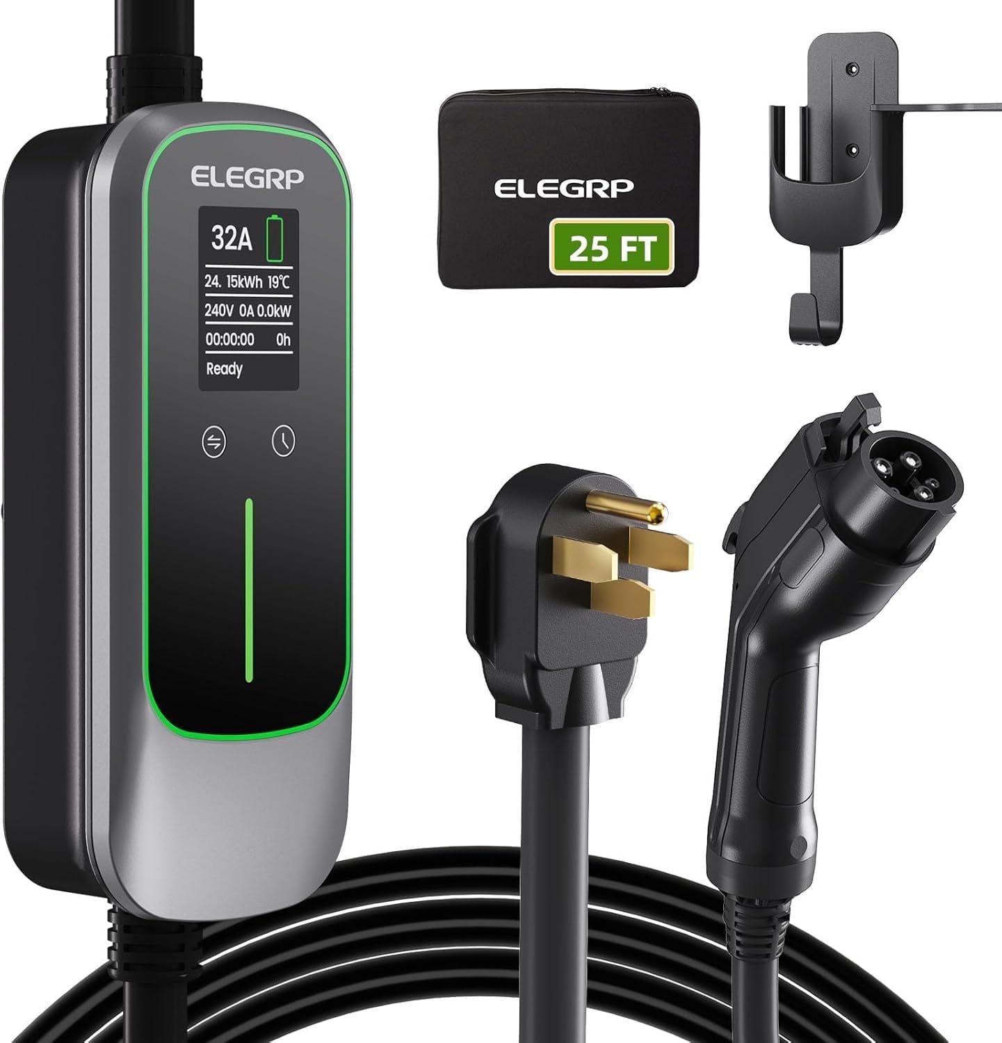 ELEGRP Portable Level 2 EV Charger (240V, 32A) with 25ft Cable and NEMA 14-50 for SAE-J1772 Electric Vehicles Current Adjustable and Reservation Charging Function