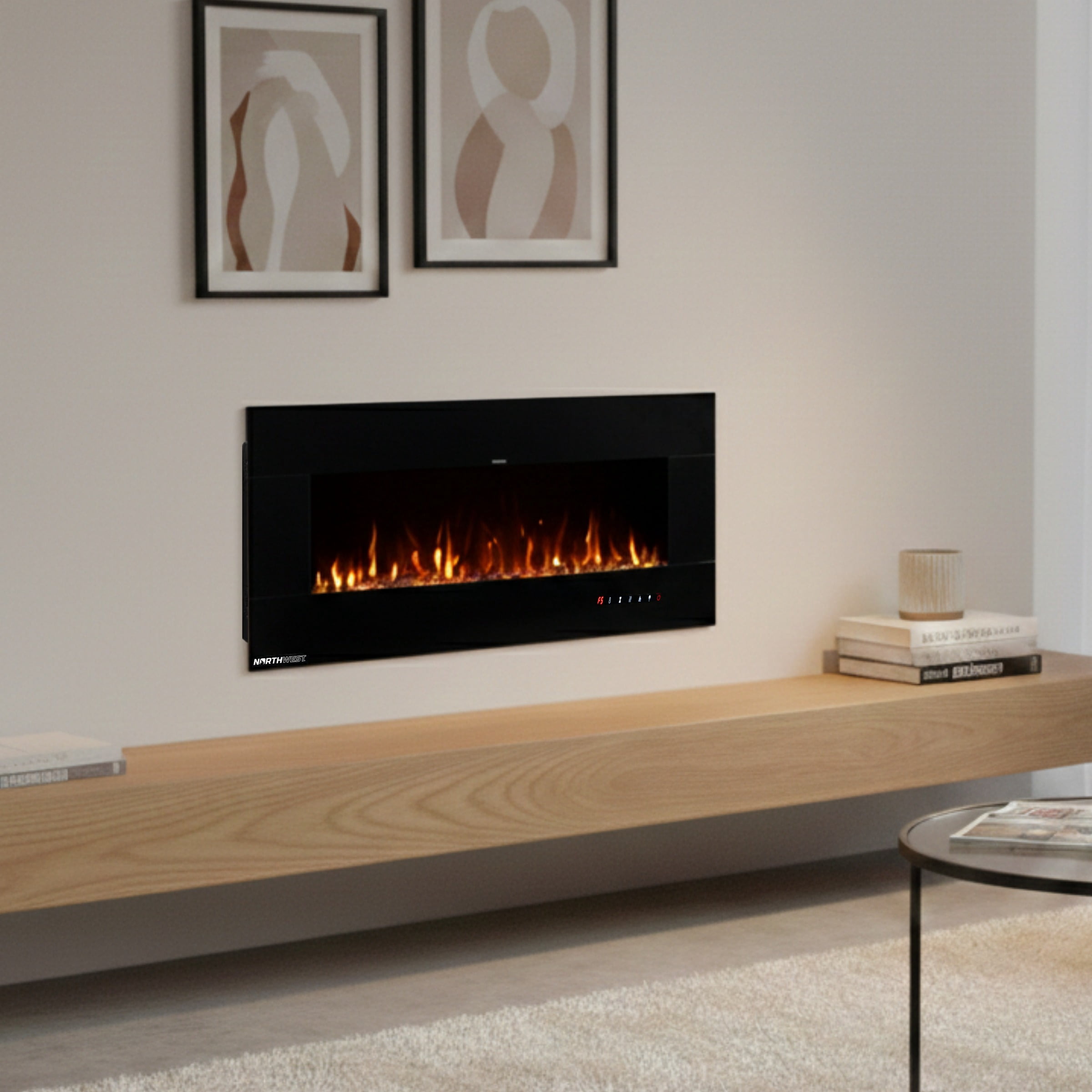 Northwest 50in Wall Mount Electric Fireplace with Bluetooth Speakers, Black