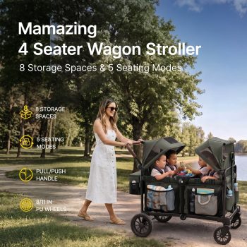 Mamazing 4-Seater Wagon Stroller for 4 Kids, All-Terrain Foldable Baby Stroller Wagon, Dual UPF 50+ Canopies, Push/Pull Handles, 5-Point Harnesses