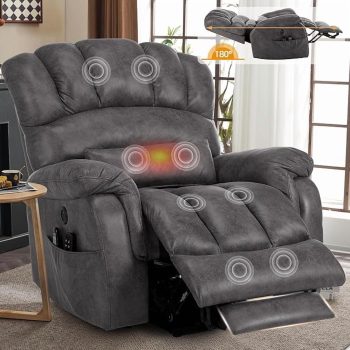 Tall Man Oversized Dual Motor Power Lift Recliner w/Heat Massage, Large Lay Flat Sleeper Electric Recliner with Extended Footrest for Elderly, Lumbar Pillow, USB & Type-C Ports, Gray