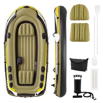 Airfind Heavy Duty Inflatable Fishing Boat 4 Person Raft Set with Aluminum Oars and Rod Holders for Fishing Drifting and Water Adventures, Green