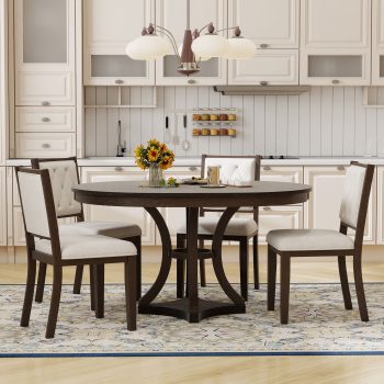 Euroco 5-Piece Retro Dining Table Set for 4,Extendable Round Table and 4 Upholstered Chairs Set for Living Room
