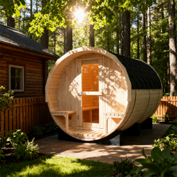 4-6 Person Outdoor Barrel Sauna with Traditional Steam System, Natural White Pine Construction, Weather-Resistant Black Shingle Roof, Built-in Benches for Backyard Relaxation