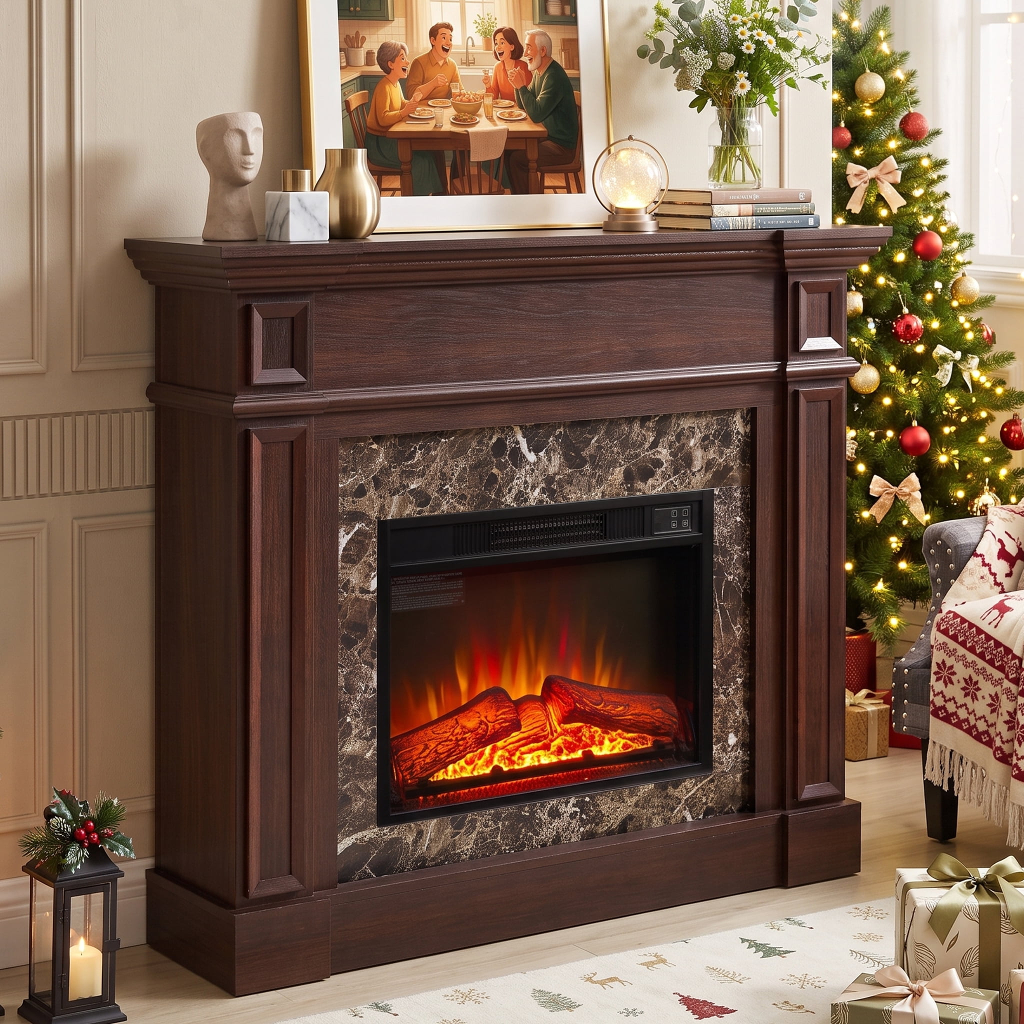Eyisean 46" Electric Fireplace Mantel, 23'' Fireplace Insert Heater, Realistic Stacked Stone Surround & Remote Control, Timer LED Flame, 3 Flame Adjustable, Chimeneas Electric Modern for Living Room
