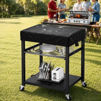 NUUK Outdoor Grill Cart with Dust Cover, 30"x 24" Pizza Oven Table, 3-Tier BBQ Prep Table with Sliding Drawer, Outdoor Kitchen Serving Cart for Patio