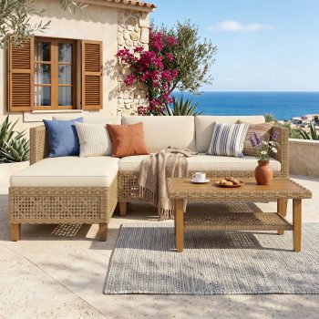 Alpha Joy Wicker Patio Furniture Conversation Set Boho Style Outdoor Sofa with Wood Coffee Table