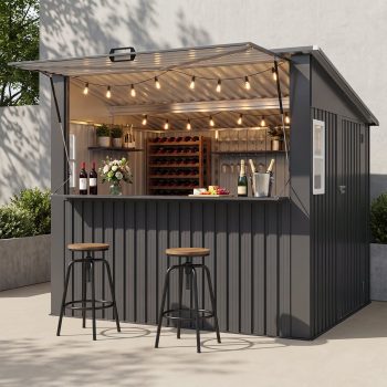 Dateyes 8x7 FT Outdoor Bar Shed with TV Mount & Fold-Down Counter, Metal Outdoor Storage Shed with 2 Windows, Roof Canopy for Patio, Backyard