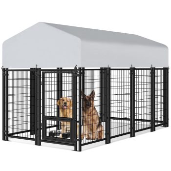 WOKEEN, Heavy Duty Modular Dog Cage with Waterproof Cover, Dog Playpen with 2 Rotating Bowls & Secure Lock for Patio, Garden, Backyard