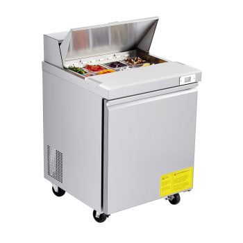 KFFKFF 28"W Commercial Refrigerator, 7.1 Cu. Ft Sandwich Prep Table, Food Prep Fridge with 8 Pans and Cutting Board, Stainless Steel Salad Cooler for Restaurant and Food Truck
