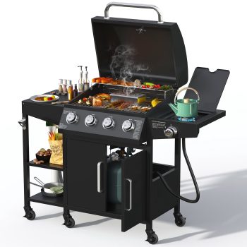 4 Burner Propane Gas Grill with 3 Tier Shelf, 50000 BTU Outdoor Cooking Stainless Steel BBQ Grills Cabinet,Can be Placed Smoke BoxBlack