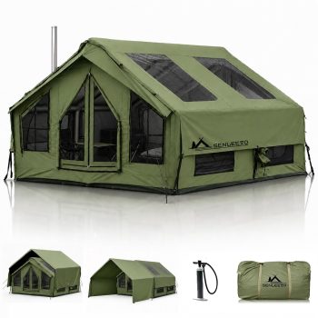 SENLEETO 4-6 Person Inflatable Tent, 129 SqFt Large Camping Tent with Stove Jack & AC Port 4 Season Portable Blow Up Tent with Mesh Windows, Air Pump Included Easy Setup for Family Glamping