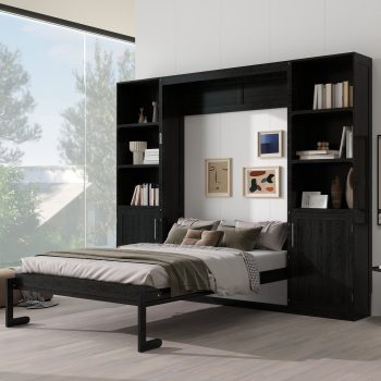 Euroco Wood Queen Size Murphy Bed with Storage Cabinets, Wall Bed with Shelves, Black