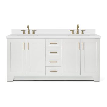 DKB Emilia 72 Inch Bathroom Vanity Double Sink — Bathroom Vanity with Sink, 1.5" Edge Pure Quartz Countertop & Backsplash, 4 Soft-Close Doors, and 6 Dovetail Drawers