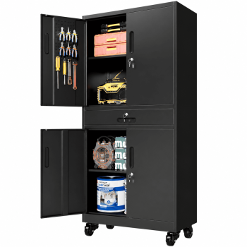 IKIMI Rolling Metal Garage Storage Cabinet with Wheels, Pegboard and Drawer, Black