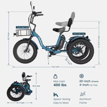 MOONCOOL Adult Folding Electric Tricycle, 20" x 4" Fat Tire, 48V 500W Motor w/ 1092W Peak Power Electric Bicycle, 7 Speed Ebike w/ 14.5Ah UL2849 (By SGS) Battery,60 Miles, 15.5 MPH,Class 2