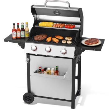 3-Burner Propane Gas Grill with 30,000 BTU Output - Double-layer Stainless Steel Grill Lid, Enamel Cooking Grate, Easy-Clean Grease Management & Even Heat Distribution for Perfect BBQs