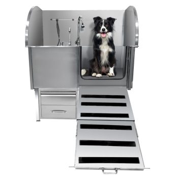 BouPower Professional Dog Washing Station,Stainless Steel Pet Wash Sink & Grooming Bathtub w/Shower,Foldable Ramp,Floor Grates and Storage for Large,Medium & Small Pets