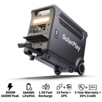 Solarplay 3600W (Peak 6600W) Portable Power Station 3840Wh LiFePO4 Battery UPS Solar Generator with 15 Outputs for Outdoor Home Backup Emergency