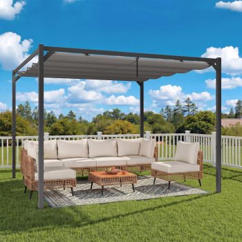 Lausaint Home Retractable Pergola 10' x 10' Aluminum, Outdoor Heavy-Duty Metal Patio Pergola with Sun Shade Canopy, Waterproof Shelter for Garden, Backyard, Deck, Porch