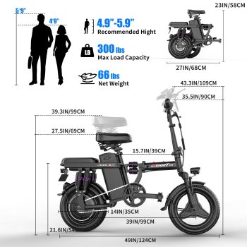 Two-Person Foldable Electric Bike for Adults, 750W Peak Motor, 20MPH Top Speed, 48V 15Ah Removable Battery, 30 Miles Range, 300 lbs Load Capacity, 14" Tires, Multi-Shock Absorption, UL2849 Certified