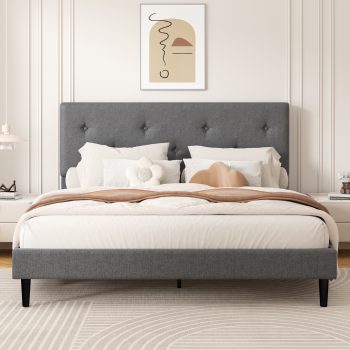 Frostbloom Size Linen Upholstered Platform Bed Frame with Adjustable Headboard