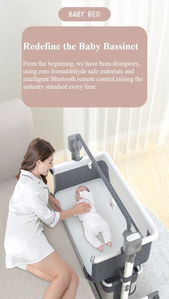 Portable Baby Bassinet Bedside Sleeper with Wheels,Storage,Height Adjustable for Newborns/Babies/Infants(Bluetooth Enabled),Unisex,Khaki