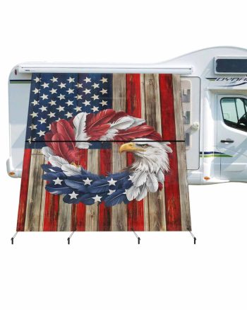 4th of July RV Awning Sun Shade Screen 9'X7' Patriotic American Flag Eagle Mesh Sunscreen Red White and Blue Feather Awning Shade Screen with Zipper UV Blocker Completed Kits for RV Motorhome Camper