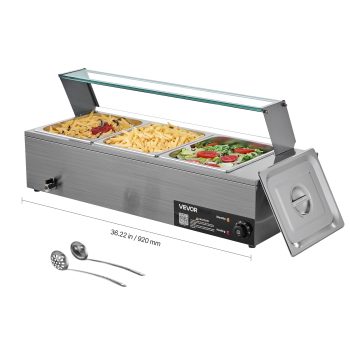 VEVOR Commercial Food Warmer, 1500W Electric Stainless Steel Steam Food Warmer with Glass Cover, Countertop Buffet Bain Marie with Soup & Perforated Ladles, for Catering, Restaurant & Party