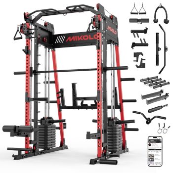Mikolo M11 Elite Smith Machine Home Gym,2200 lbs Power Rack Cage with Dual 130LBS Weight Stacks, Functional Trainer, 18PCS Aluminum Pulleys and Other Attachments for Home Gym