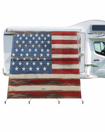4th of July RV Awning Sun Shade Screen 9'X7' American Flag Mesh Sunscreen Vintage Wood Grain Awning Shade Screen with Zipper UV Blocker Completed Kits Outdoor Canopy for RV Motorhome Camper Travel