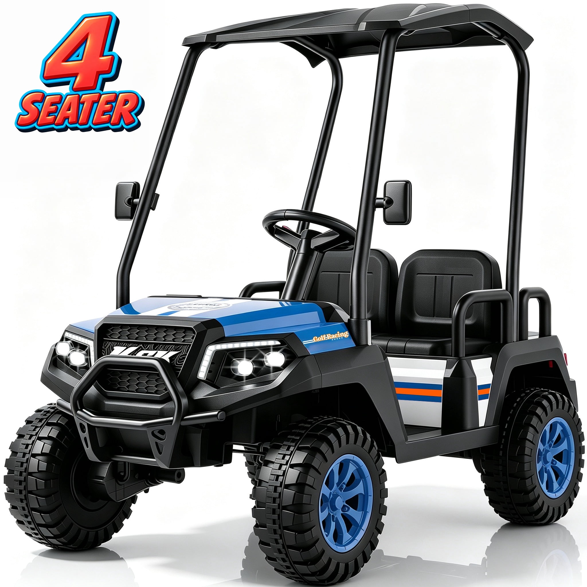 YorRover 4 Seater Kids' Golf Cart, 24V Electric Ride-On, 4×75W Motors, Parental Remote Control, 4WD Spring Suspension, Detachable Awning, Bluetooth & LED Lights, for Kids Ages 3 and up