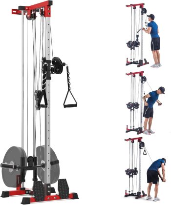 Wall Mount Pull Down Machine for Home Gym, Floor Standing Cable Machine with Adjustable Seat & Knee Support, High Low Pulley Back Workout, 400LB Capacity