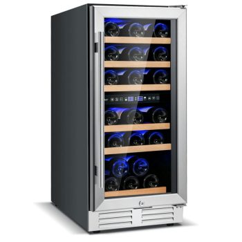 Spaco 30-Bottle Freestanding Wine Cooler with Dual Tempered Glass Door, Wine Cooler with Temp Memory and Dual Zones, Wine Cooler for Indoor, Silver