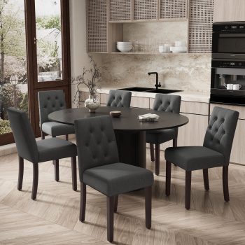 EOP 7-Piece Extendable Dining Table Set for 6, 47"-63" Wood Kitchen Table with 6 Upholstered Chairs, Space-Saving Drop Leaf Kitchen Table for Dining Room, Small Space