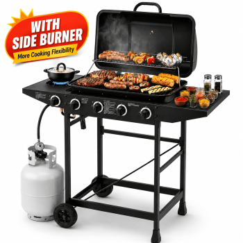 4 Burner Propane Gas Grill with Side Burner, 42000 BTU Stainless Steel BBQ Grill with Cast Iron Grates, 534 Sq In Cooking Area, Outdoor Barbecue Grill with Side Tables for Patio Backyard Cooking