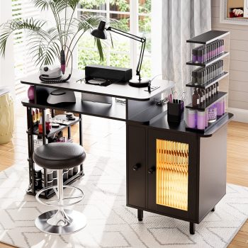 Advwin Manicure Table with LED Light, Dust Collector, Detachable Storage Rack, Charging Station & Wrist Rest, Beauty Salon Nail Desk Workstation